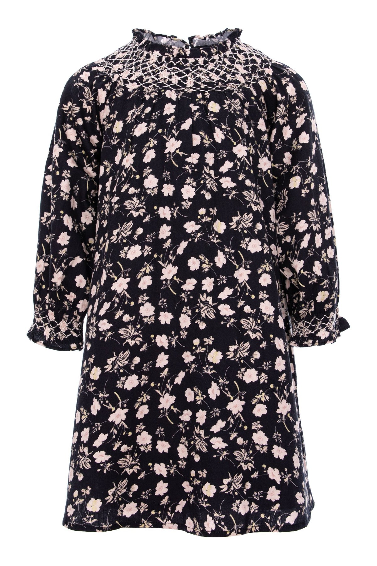 PERNILLE LONG SLEEVE SMOCKED RUFFLE BEIGE FLOWER ALLOVER PRINT DRESS