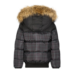 SCOTCH BONNET NATURAL FUR HOOD PLAID ELASTIC COAT