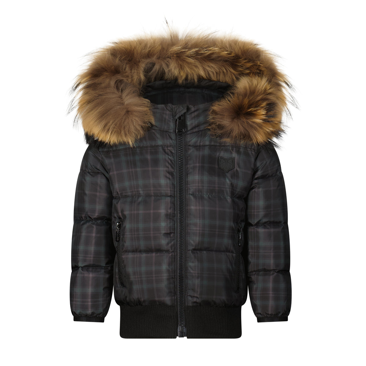 SCOTCH BONNET NATURAL FUR HOOD PLAID ELASTIC COAT