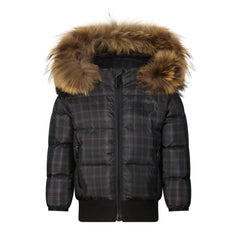 SCOTCH BONNET NATURAL FUR HOOD PLAID ELASTIC COAT