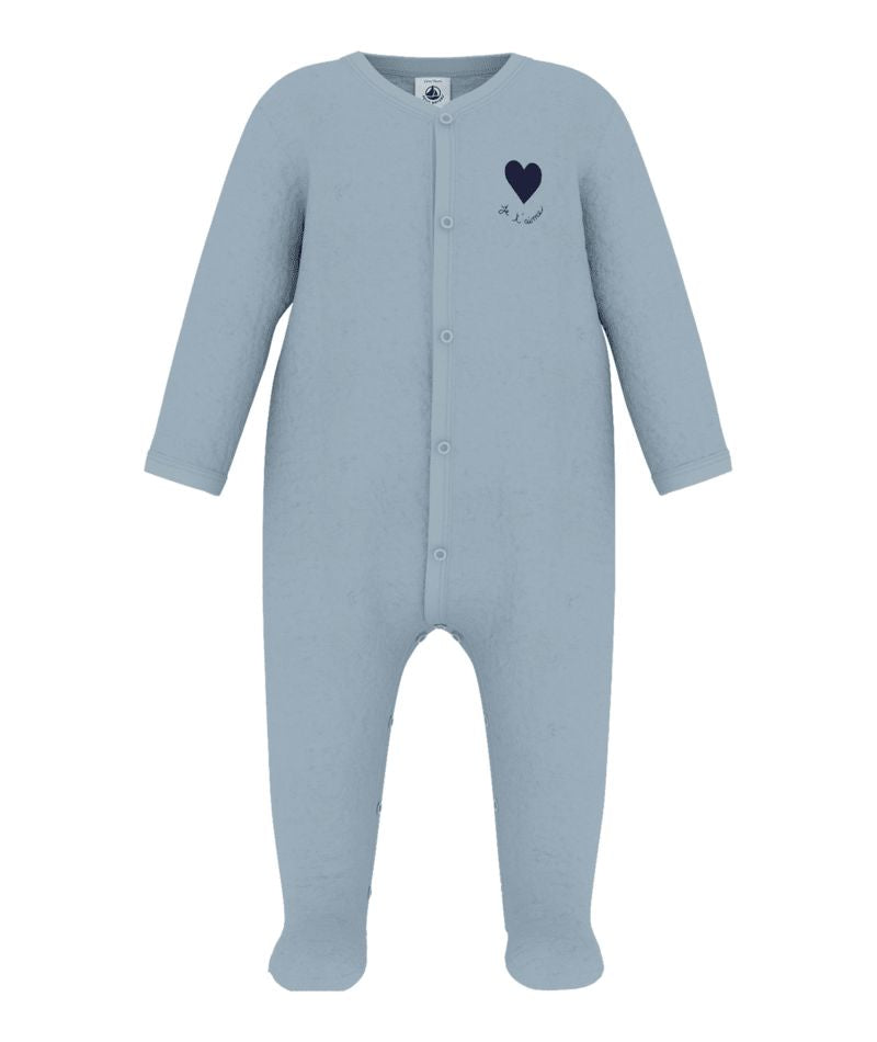 PETIT BATEAU FRONT SNAP VELOUR FOOTIE WITH HEART DETAIL