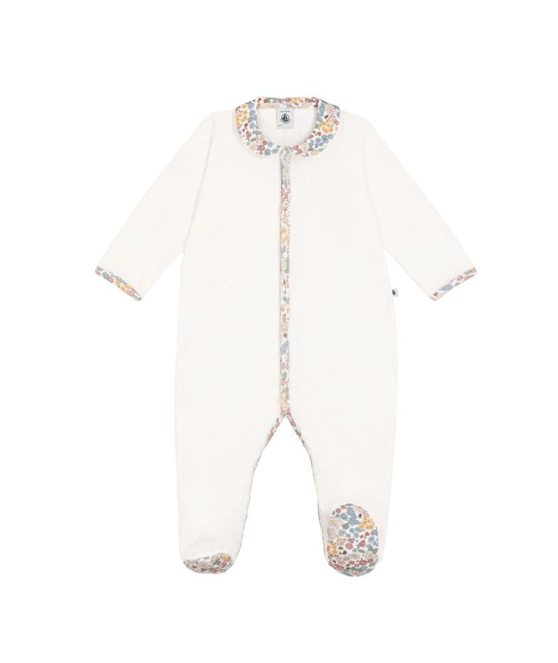 PETIT BATEAU VELOUR FRONT SNAP FOOTIE WITH FLORAL COLLAR