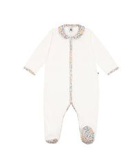 PETIT BATEAU VELOUR FRONT SNAP FOOTIE WITH FLORAL COLLAR