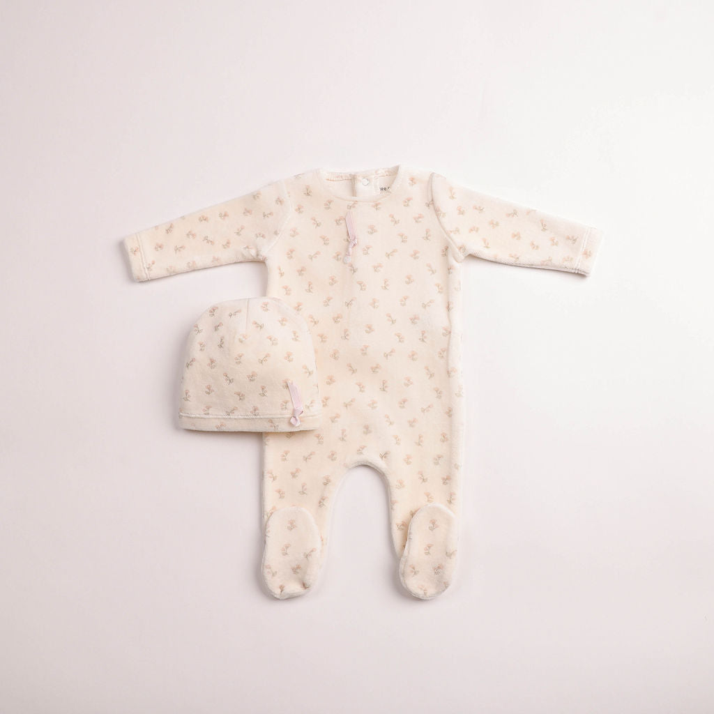 BEE & DEE 2PC BLOSSOMS PRINT VELOUR FOOTIE WITH BEANIE SET