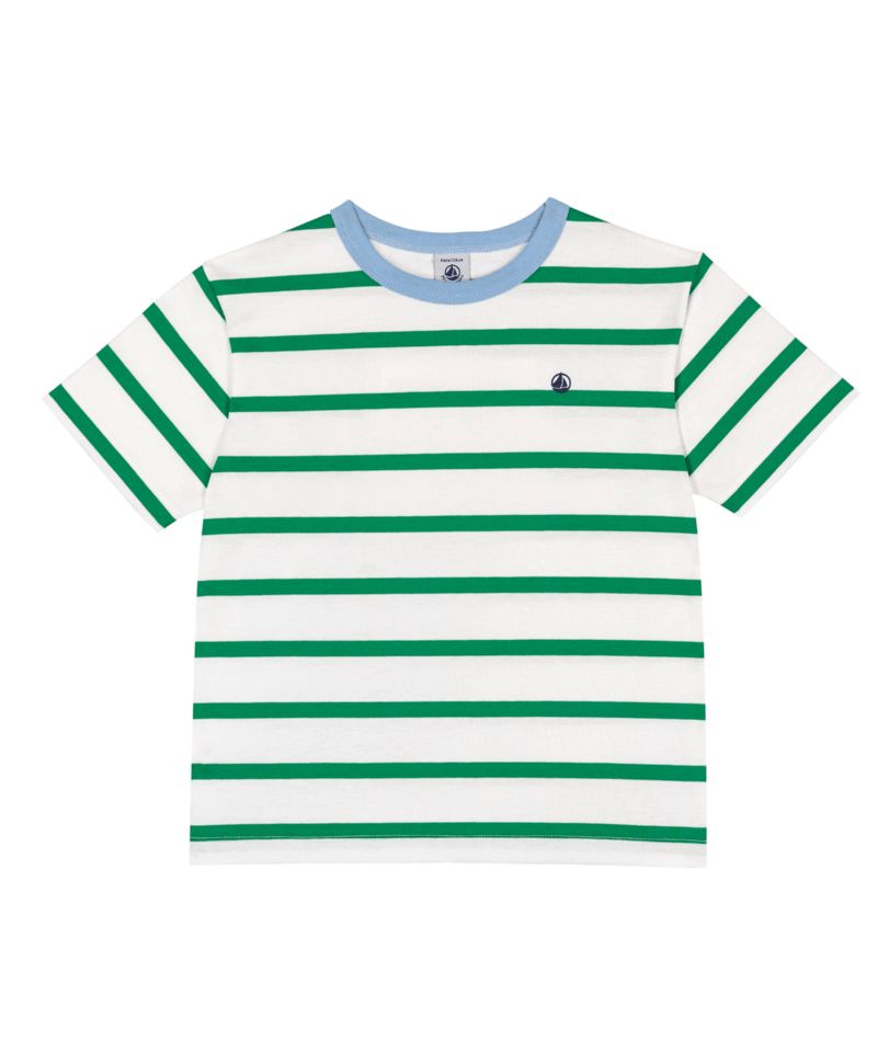 PETIT BATEAU SHORT SLEEVE STRIPE TEE WITH BLUE TRIM