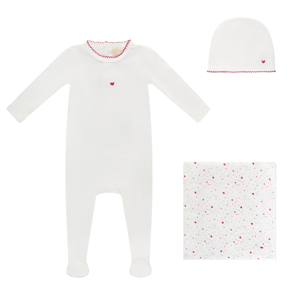 BUBANI 3PC HEART COLLECTION FOOTIE, HAT WITH BLANKET SET