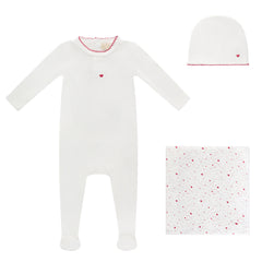 BUBANI 3PC HEART COLLECTION FOOTIE, HAT WITH BLANKET SET