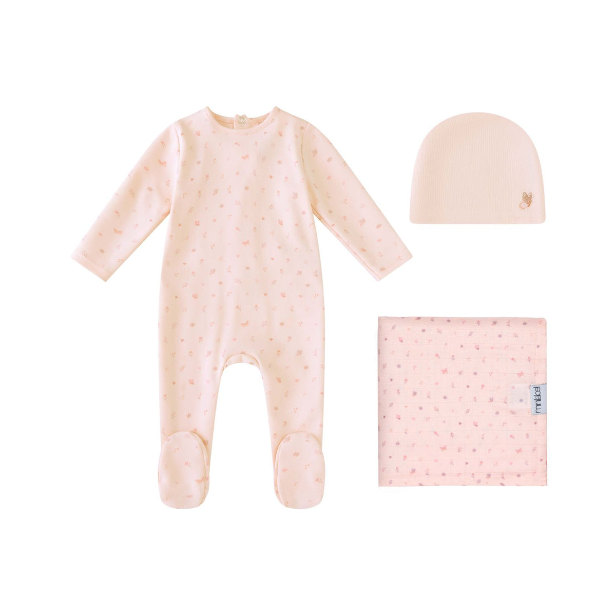 MINILABEL 3PC BUTTERFLY ALLOVER PRINT FOOTIE, HAT WITH BLANKET SET