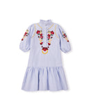 ONE CHILD SHELLY PINSTRIPED EMBROIDERED FLOWER DRESS