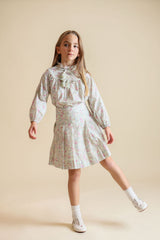 ONE CHILD 2PC SLATER RUFFLE NECK FLORAL BLOUSE WITH PLEATED SKIRT
