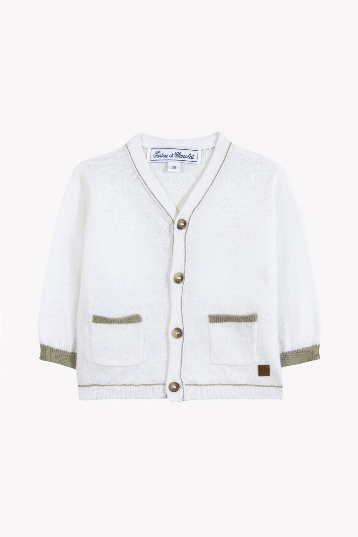 TARTINE ET CHOCOLAT KNIT BUTTON UP CARDIGAN WITH POCKETS & WHITE TRIM