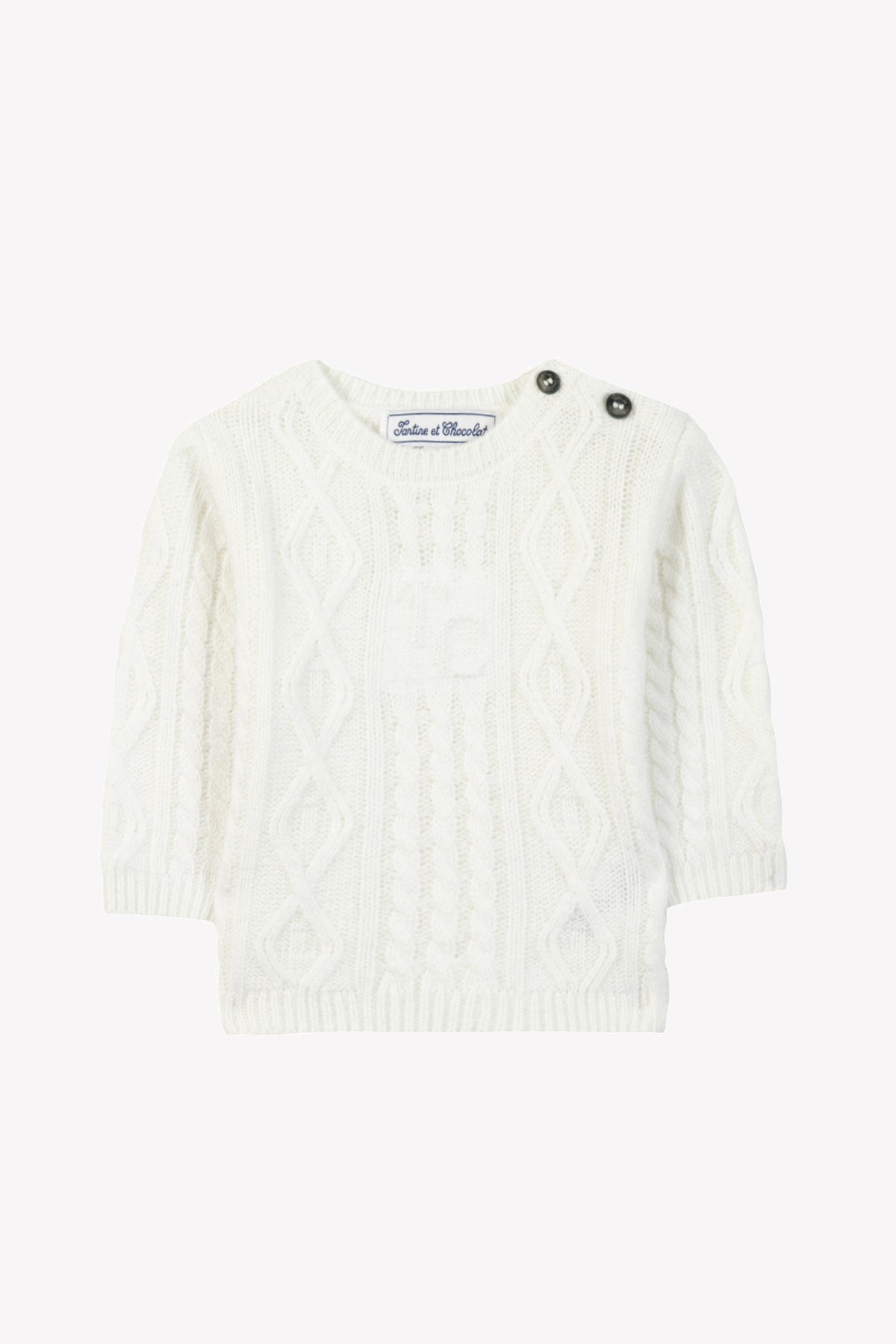 TARTINE ET CHOCOLAT TC LOGO KNIT PULLOVER SWEATER BUTTON BY SHOULDER