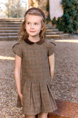 TARTINE ET CHOCOLAT SHORT SLEEVE PLAID WOOL PLEATED DRESS