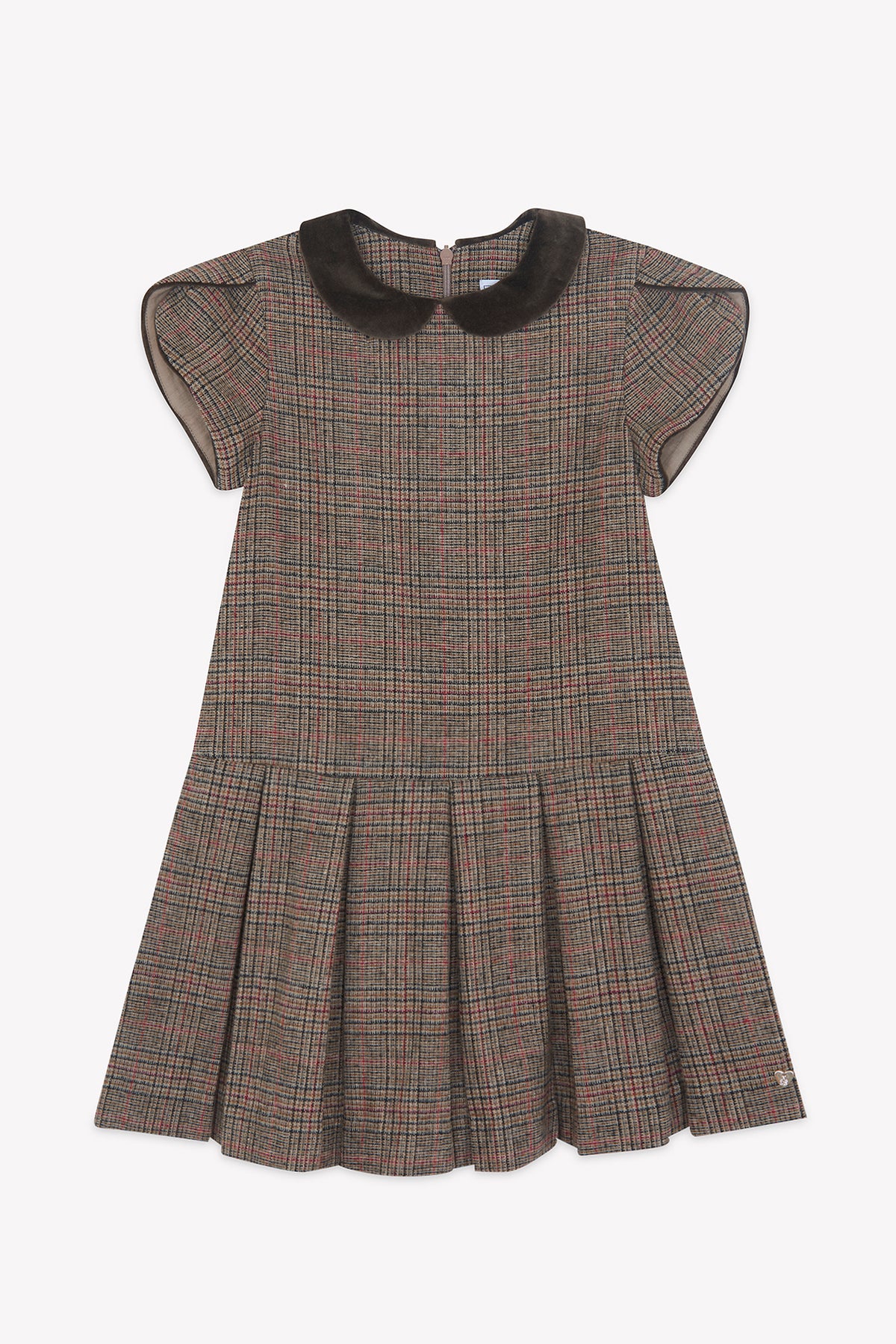 TARTINE ET CHOCOLAT SHORT SLEEVE PLAID WOOL PLEATED DRESS