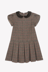 TARTINE ET CHOCOLAT SHORT SLEEVE PLAID WOOL PLEATED DRESS