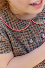 TARTINE ET CHOCOLAT SHORT SLEEVE PETERPAN WOOL PLAID DRESS WITH BUTTON DETAIL