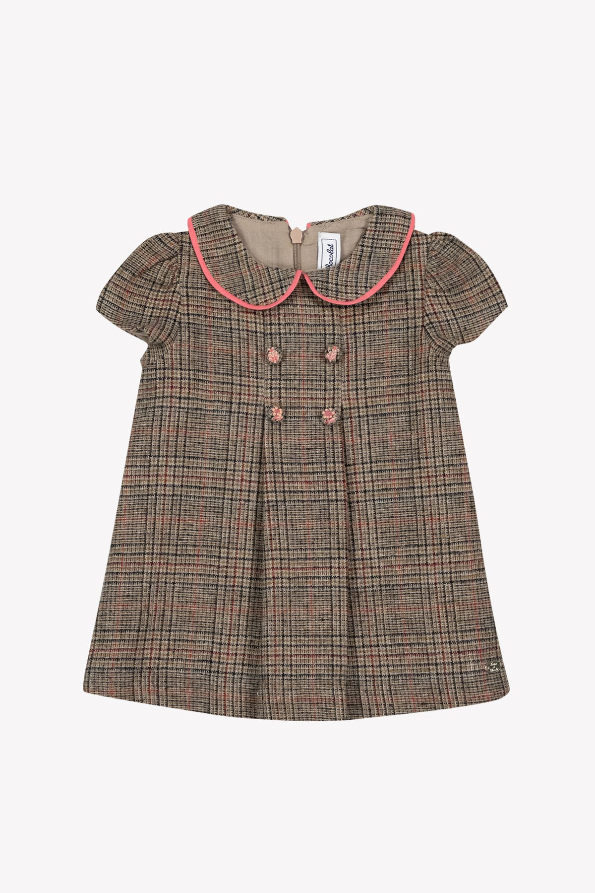 TARTINE ET CHOCOLAT SHORT SLEEVE PETERPAN WOOL PLAID DRESS WITH BUTTON DETAIL