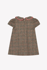 TARTINE ET CHOCOLAT SHORT SLEEVE PETERPAN WOOL PLAID DRESS WITH BUTTON DETAIL