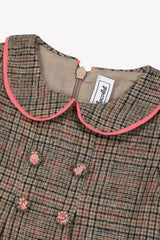 TARTINE ET CHOCOLAT SHORT SLEEVE PETERPAN WOOL PLAID DRESS WITH BUTTON DETAIL