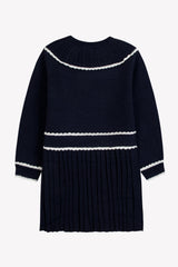 TARTINE ET CHOCOLAT LONG SLEEVE PLEATED DRESS WITH NECK BUTTONS AND WHITE TRIM