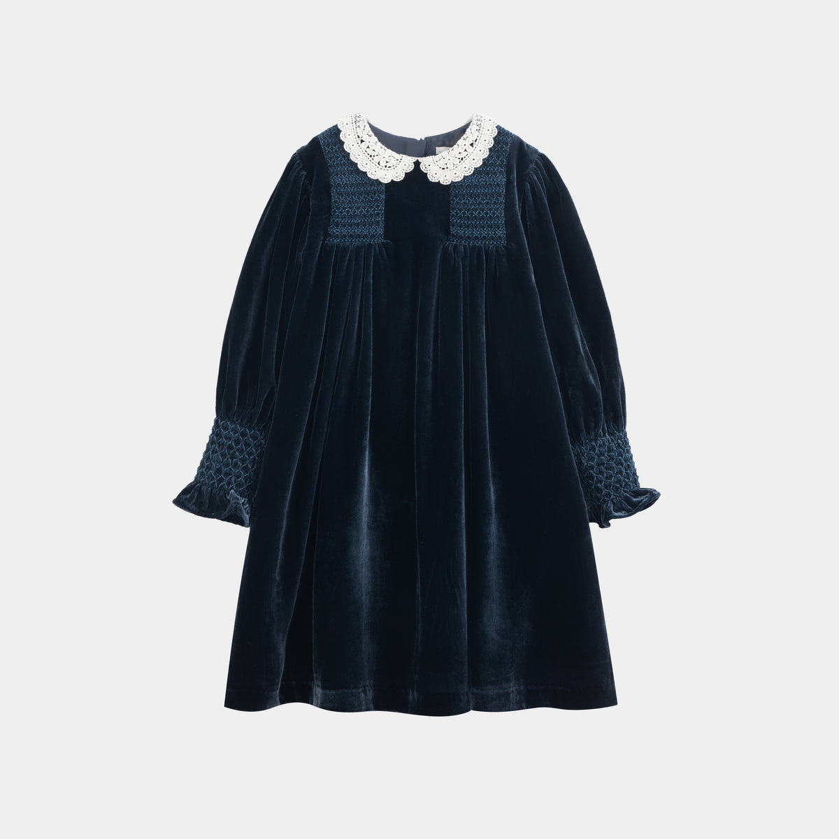 CERA UNA VOLTA LORY SMOCKED DETAIL LACE COLLAR VELVET DRESS