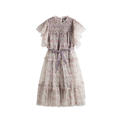 CERA UNA VOLTA CAROLINA SMOCKED TUELLE ROSE PRINT LAYERED MIDI GOWN