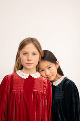 CERA UNA VOLTA LORY SMOCKED DETAIL LACE COLLAR VELVET DRESS