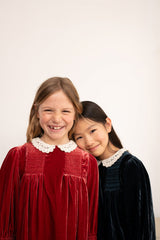 CERA UNA VOLTA LORY SMOCKED DETAIL LACE COLLAR VELVET DRESS