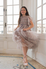 CERA UNA VOLTA CAROLINA SMOCKED TUELLE ROSE PRINT LAYERED MIDI GOWN