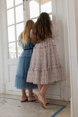 CERA UNA VOLTA CAROLINA SMOCKED TUELLE ROSE PRINT LAYERED MIDI DRESS