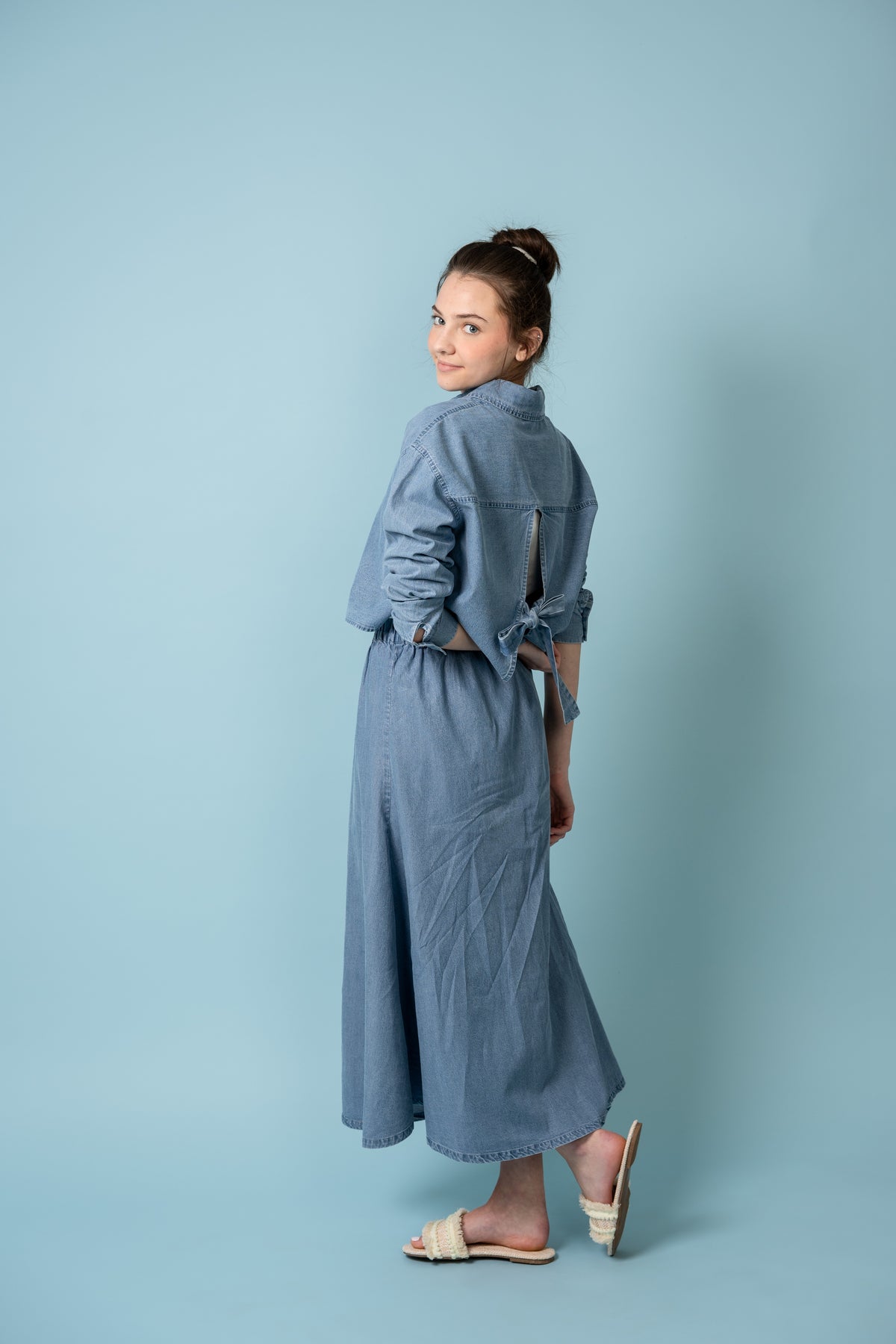 BIRNHAM ON THE SEA 2PC TEEN STONEWASH DENIM BOW SHIRT WITH SKIRT