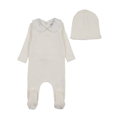 BEE & DEE 2PC CREPE WITH BIRDCAGE COLLAR FOOTIE WITH BEANIE SET