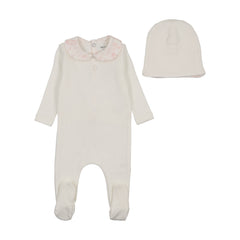 BEE & DEE 2PC CREPE WITH BIRDCAGE COLLAR FOOTIE WITH BEANIE SET