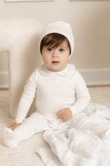 BEE & DEE 2PC CREPE WITH BIRDCAGE COLLAR FOOTIE WITH BEANIE SET