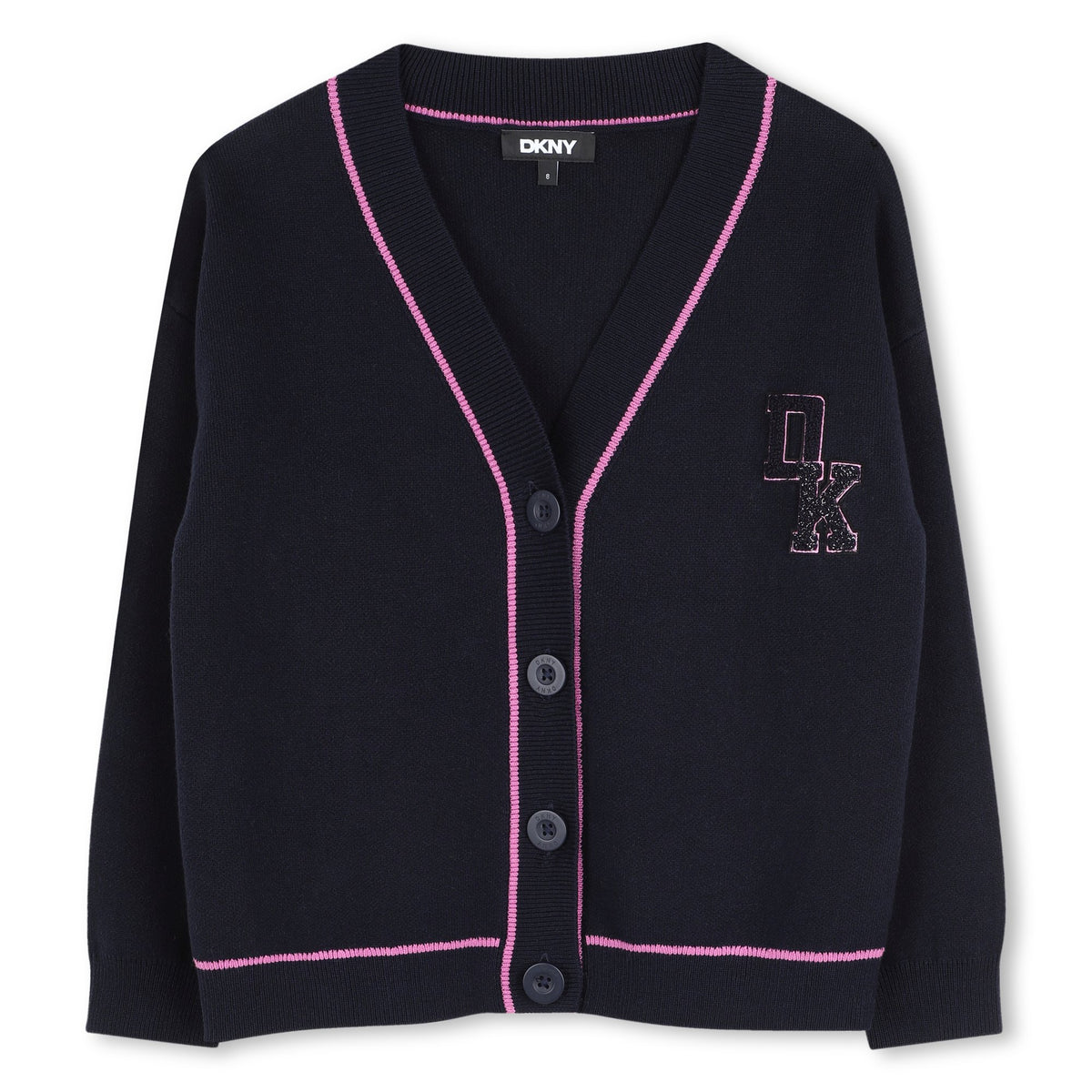 DKNY KNIT EMBROIDERED LOGO BADGE PINK TRIM CARDIGAN