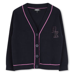 DKNY KNIT EMBROIDERED LOGO BADGE PINK TRIM CARDIGAN