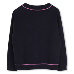 DKNY KNIT EMBROIDERED LOGO BADGE PINK TRIM CARDIGAN
