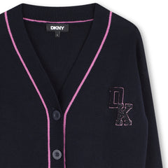 DKNY KNIT EMBROIDERED LOGO BADGE PINK TRIM CARDIGAN