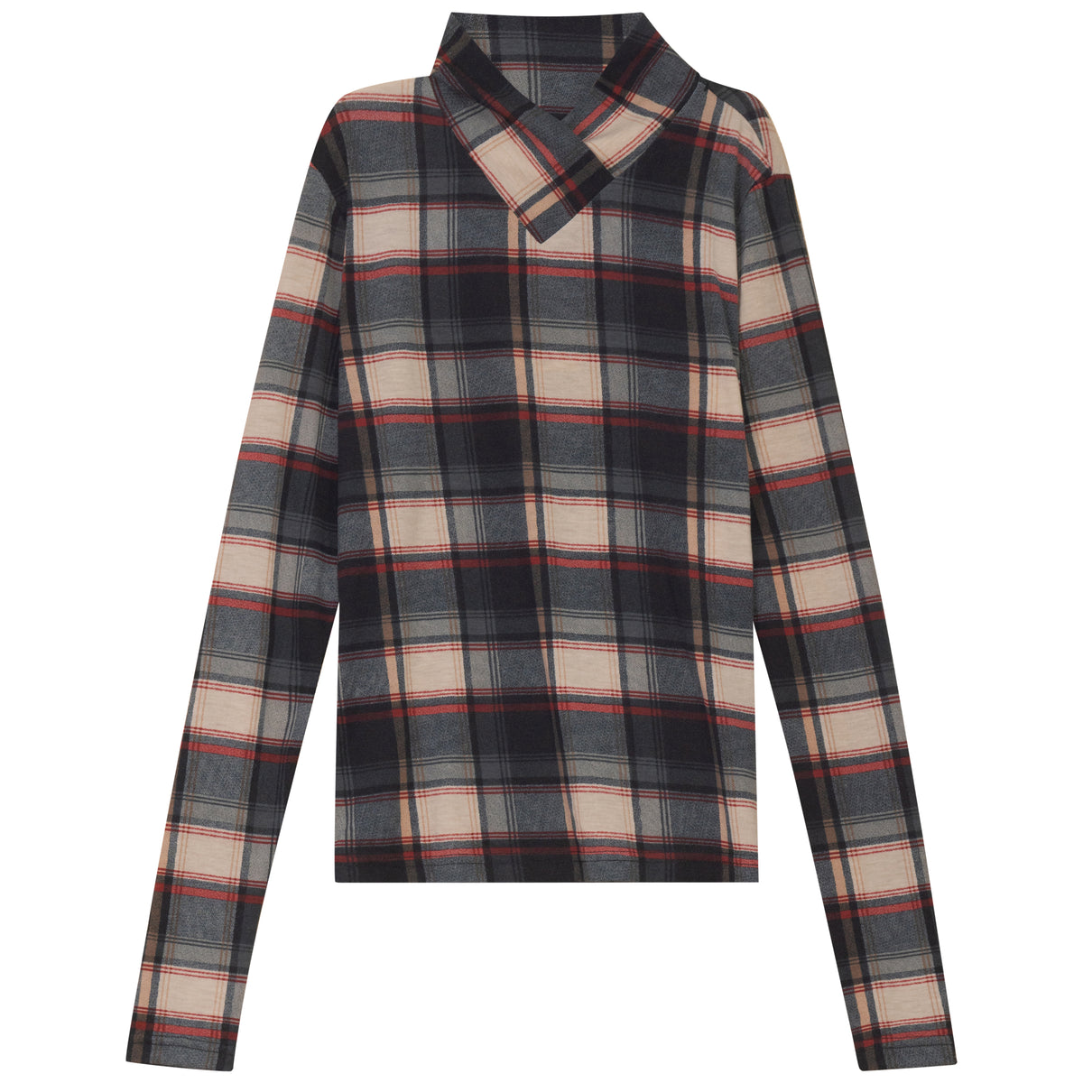 G DEGREE CROSSOVER V MOCK NECK PLAID TOP