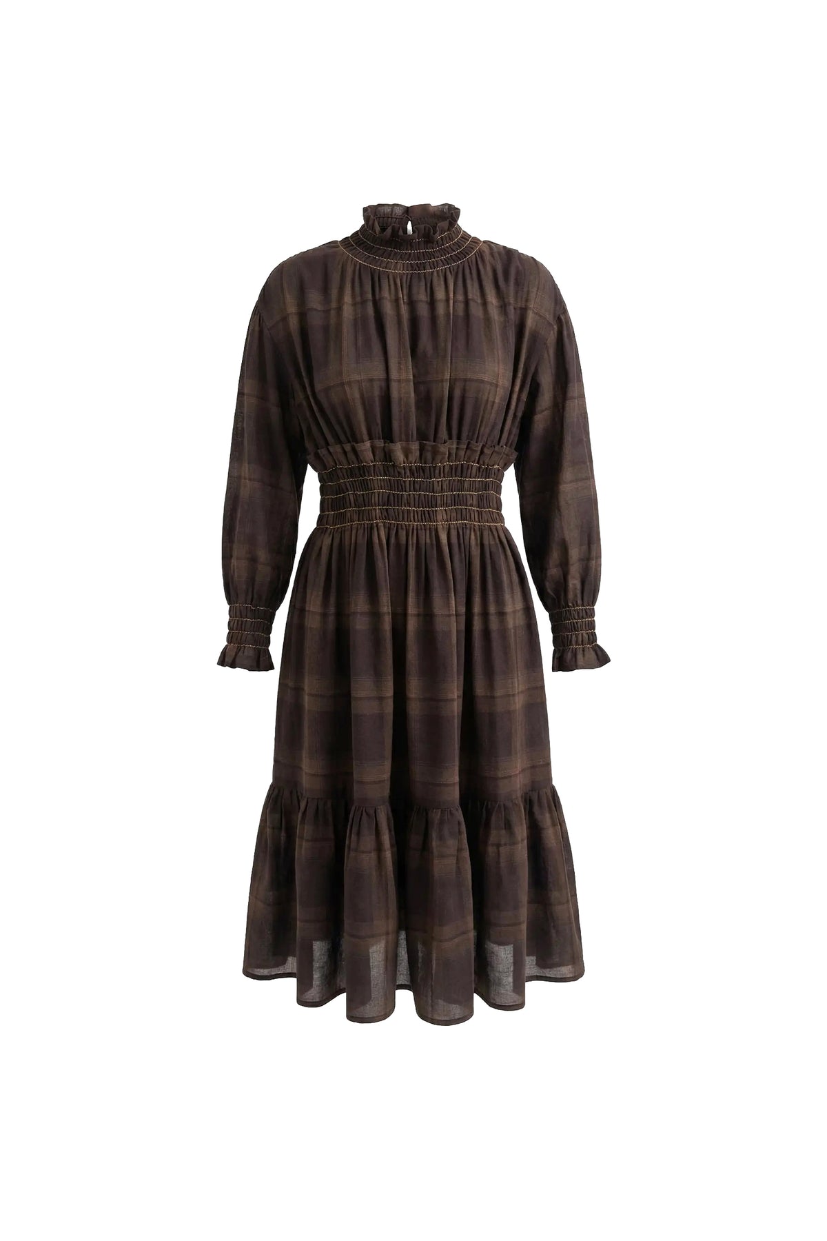 PERNILLE HIGH RUFFLED NECKLINE SMOCKED WAIS PLAID DRESS