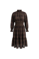 PERNILLE HIGH RUFFLED NECKLINE SMOCKED WAIS PLAID DRESS