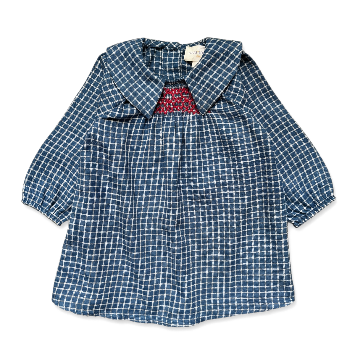 LOUIS LOUISE AVELINE LONG SLEEVE TWILL CHECK PLAID SMOCKED DRESS