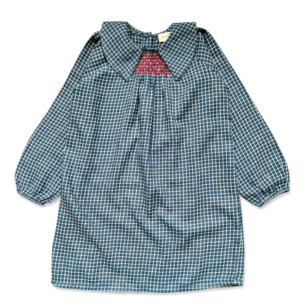 LOUIS LOUISE AVELINE LONG SLEEVE TWILL CHECK PLAID SMOCKED DRESS
