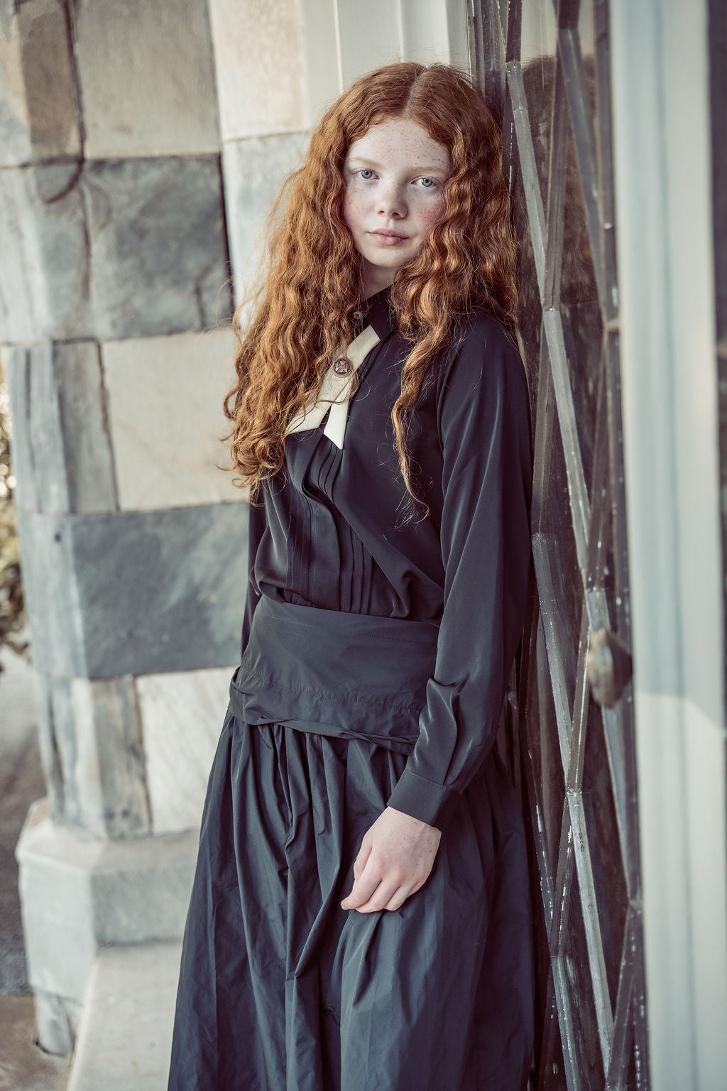 COCO BLANC FRONT PLEAT WITH VELVET CRISS CROSS BLOUSE