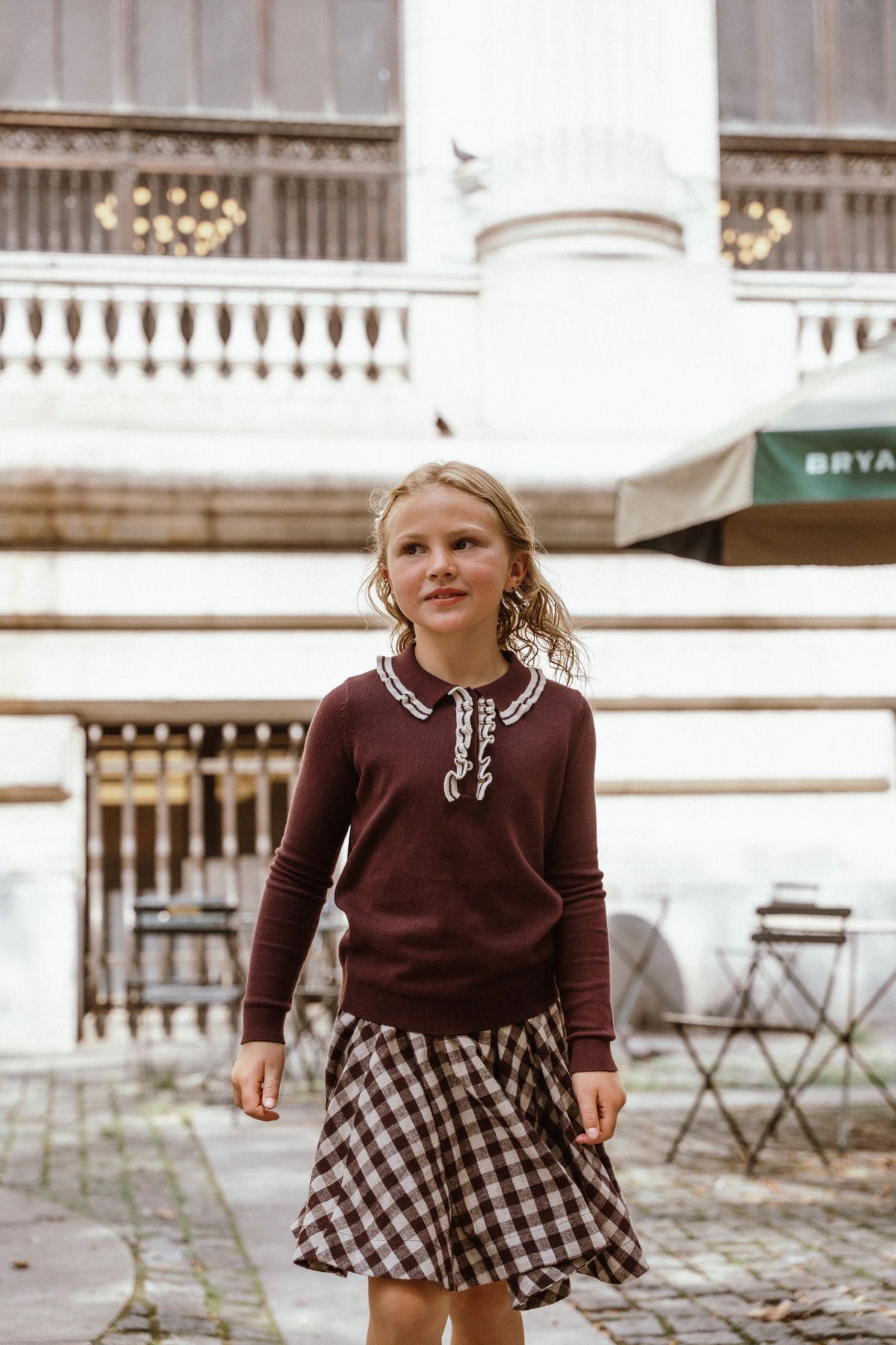 COCO BLANC 2PC RUFFLE COLLAR SWEATER WITH CHECKED CIRCLE SKIRT
