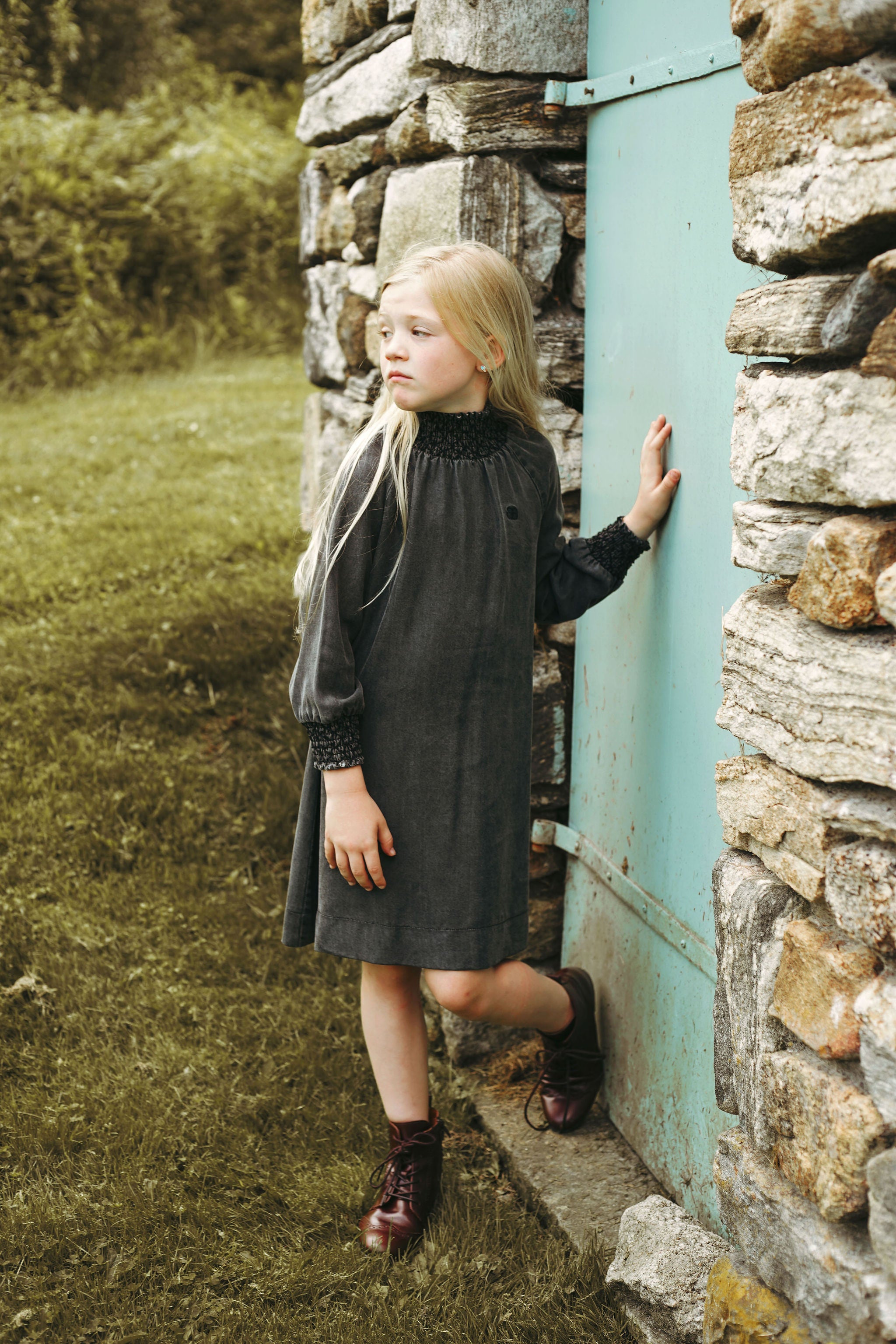 BAMBOO SMOCKED NECK DENIM DRESS