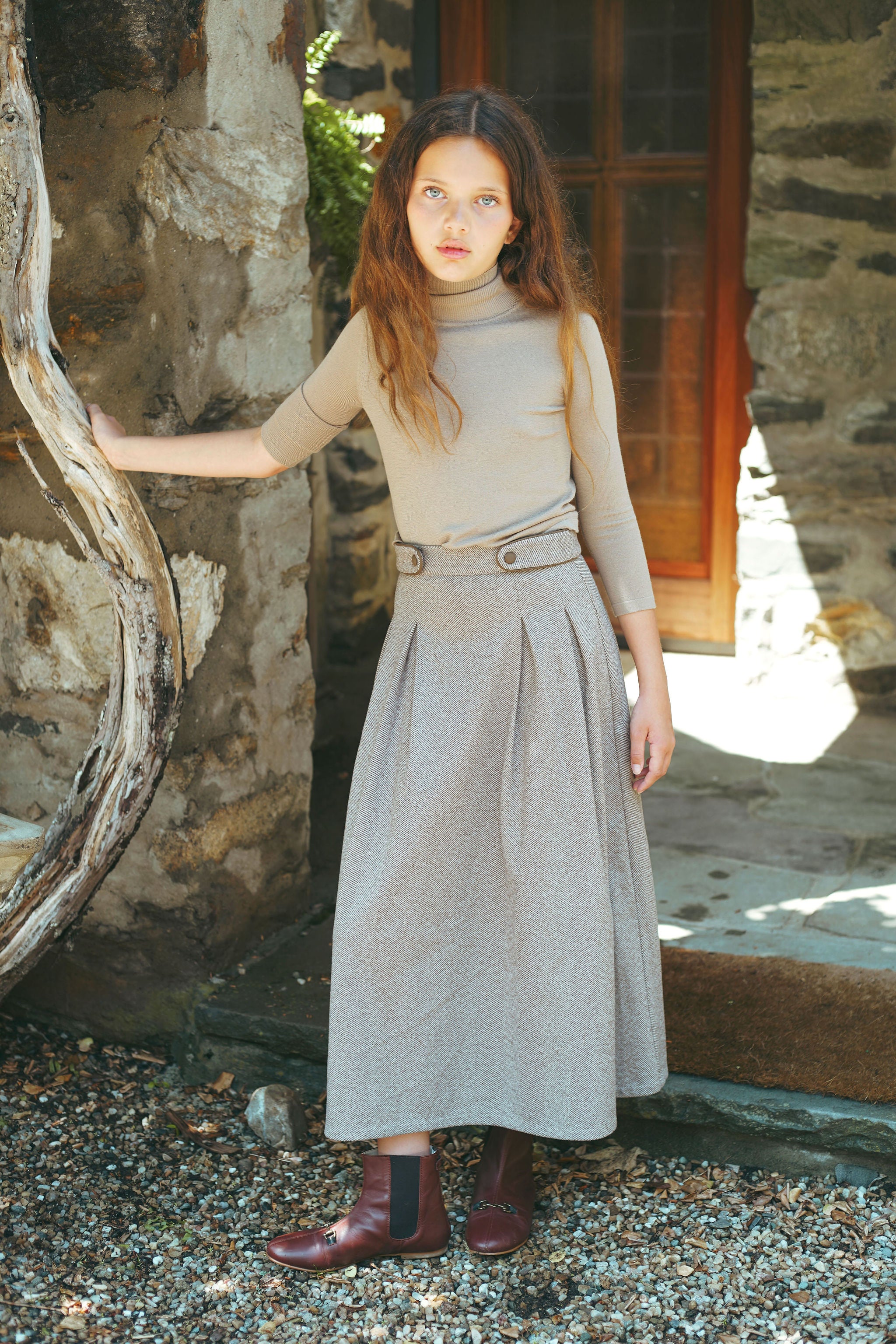 BACE COLLECTION HERRINGBONE BUTTON DETAIL SKIRT