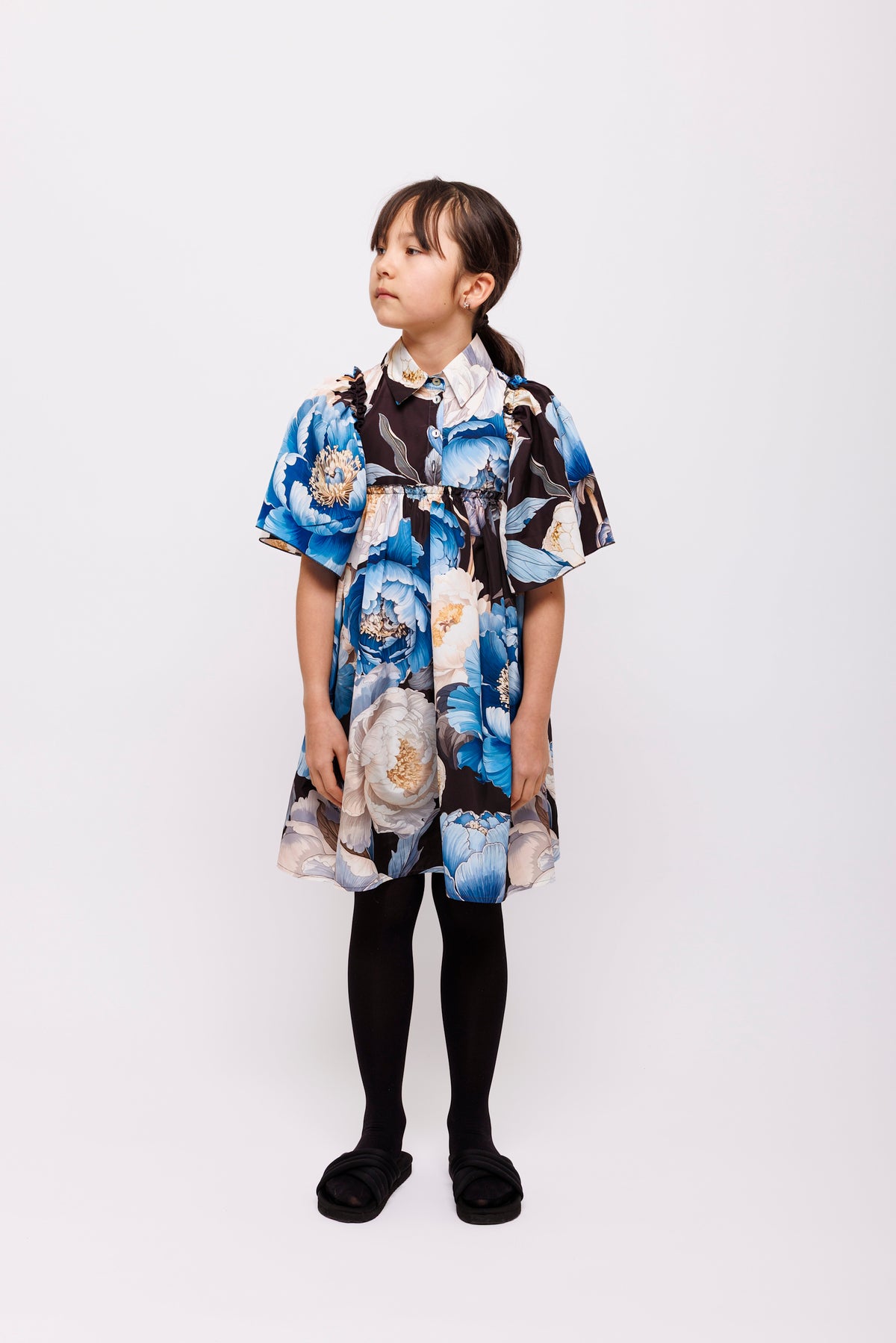 CHRISTINA ROHDE HIGHWAIST FLORAL PRINTED 3 BUTTON FLOWY SLEEVE COLLAR DRESS