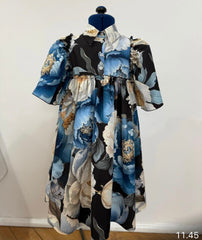 CHRISTINA ROHDE HIGHWAIST FLORAL PRINTED 3 BUTTON FLOWY SLEEVE COLLAR DRESS