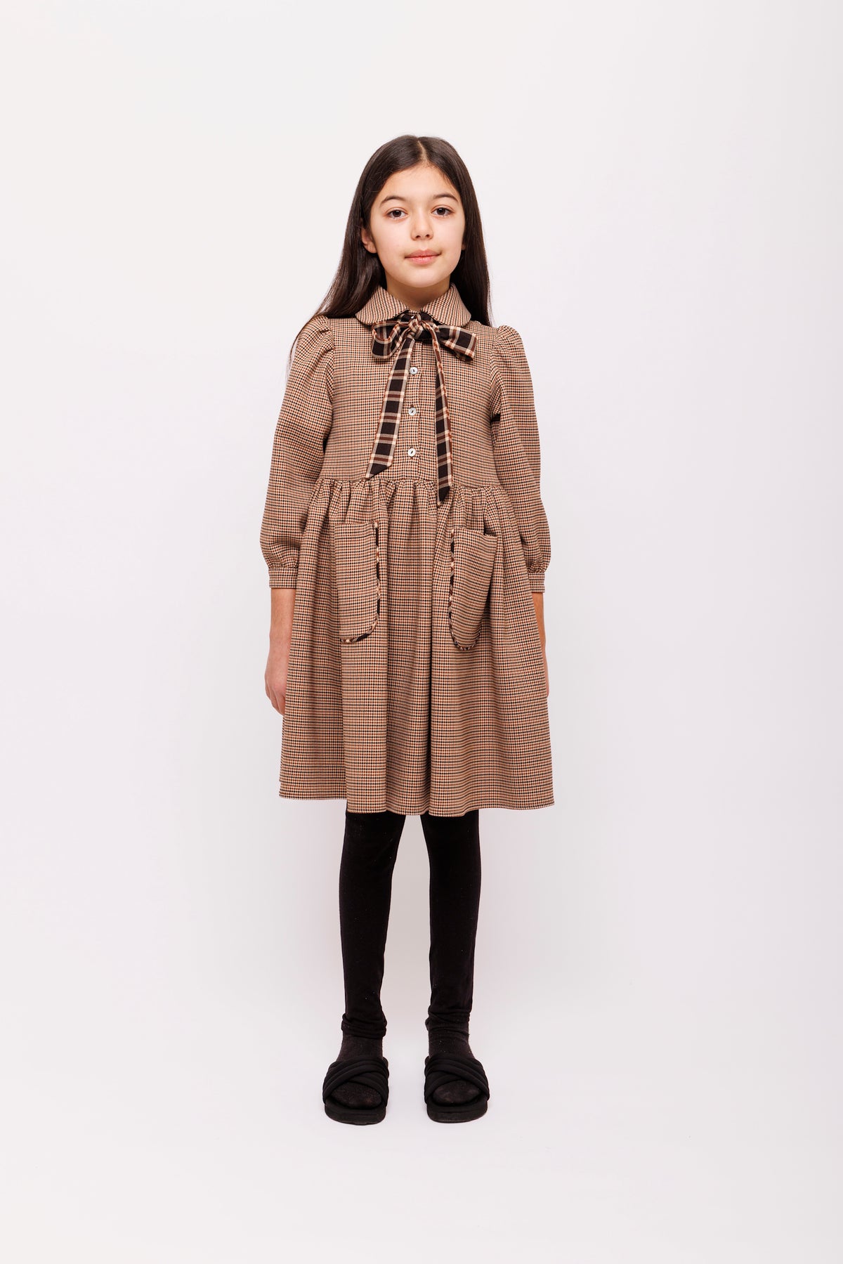 OLIVIA ROHDE LONG SLEEVE PETER PAN COLLAR WITH BOW TIE PLAID PRINTED POCKET DRESS
